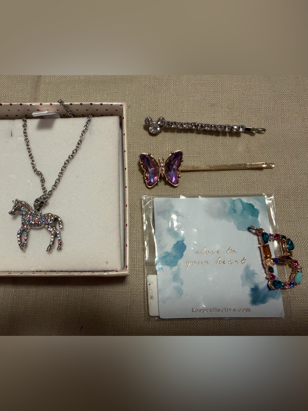 Sparkle Jewelry & Hair Accessories Lot - Horse Necklace, B Charm & Clips
